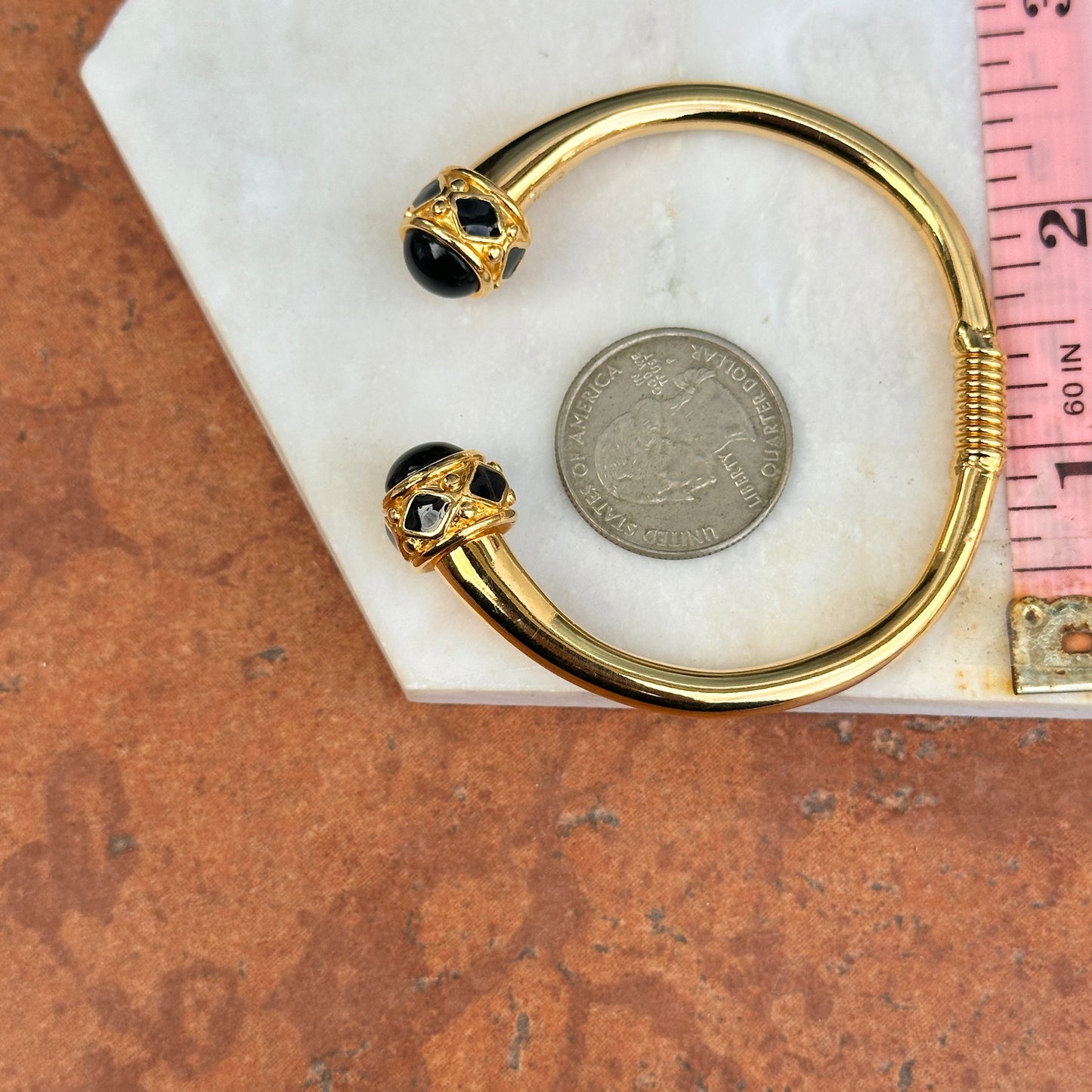Estate Kenneth Lane Etruscan Yellow Gold Tone Black Stone Cabochon Springed Cuff Bracelet