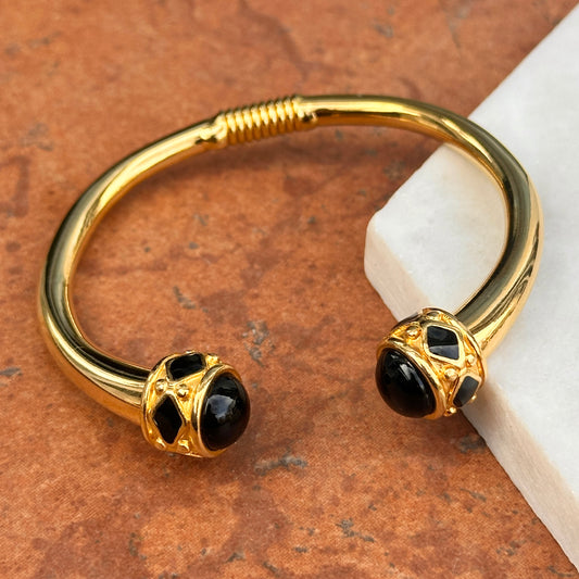 Estate Kenneth Lane Etruscan Yellow Gold Tone Black Stone Cabochon Springed Cuff Bracelet