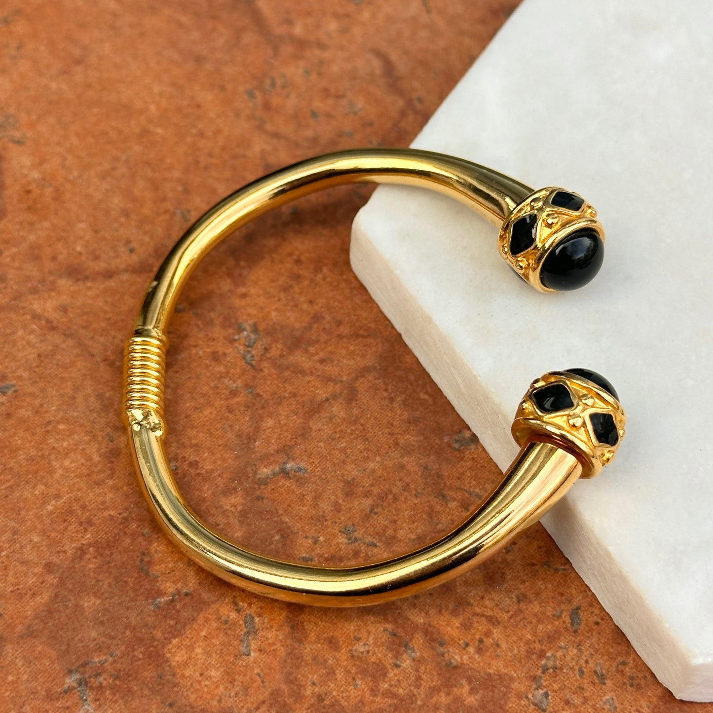 Estate Kenneth Lane Etruscan Yellow Gold Tone Black Stone Cabochon Springed Cuff Bracelet
