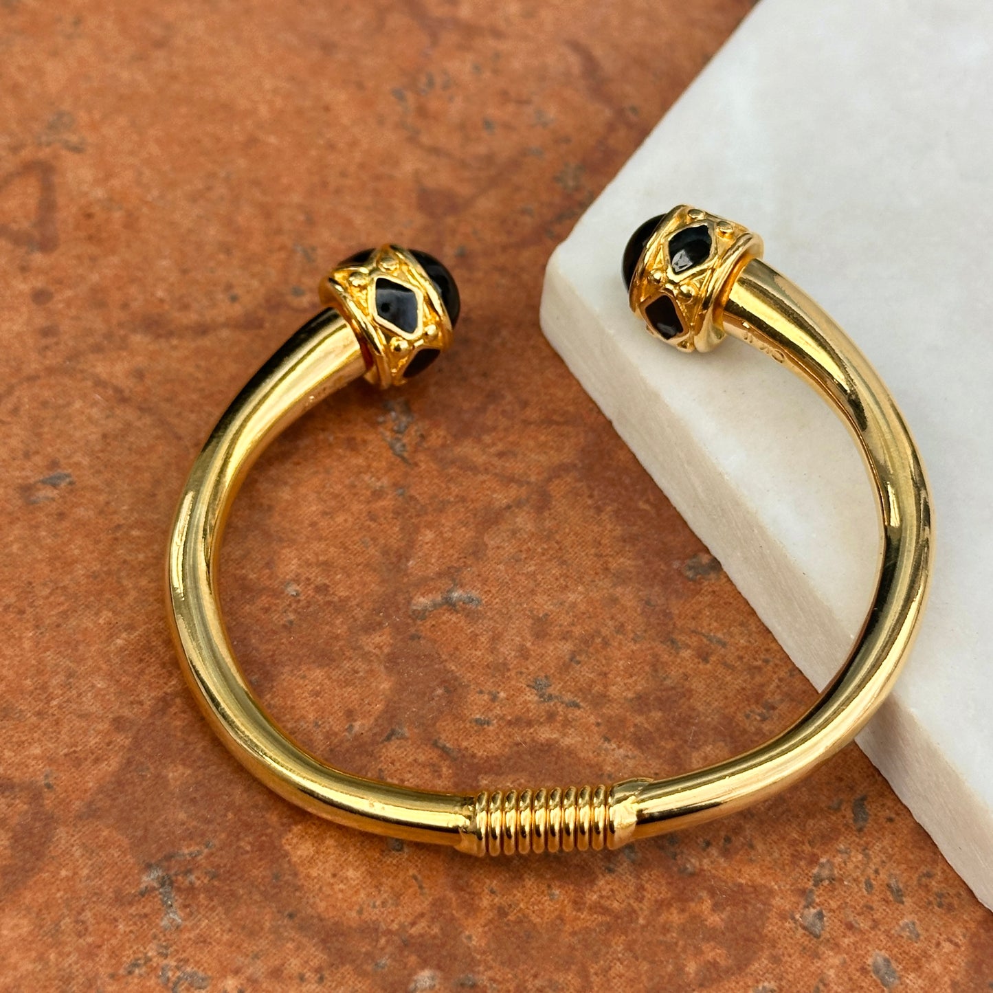 Estate Kenneth Lane Etruscan Yellow Gold Tone Black Stone Cabochon Springed Cuff Bracelet