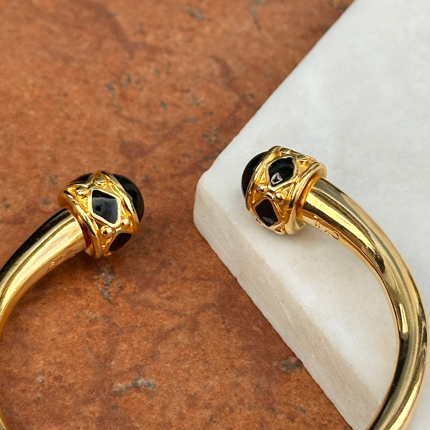Estate Kenneth Lane Etruscan Yellow Gold Tone Black Stone Cabochon Springed Cuff Bracelet