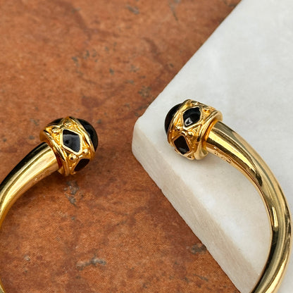 Estate Kenneth Lane Etruscan Yellow Gold Tone Black Stone Cabochon Springed Cuff Bracelet