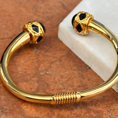Estate Kenneth Lane Etruscan Yellow Gold Tone Black Stone Cabochon Springed Cuff Bracelet
