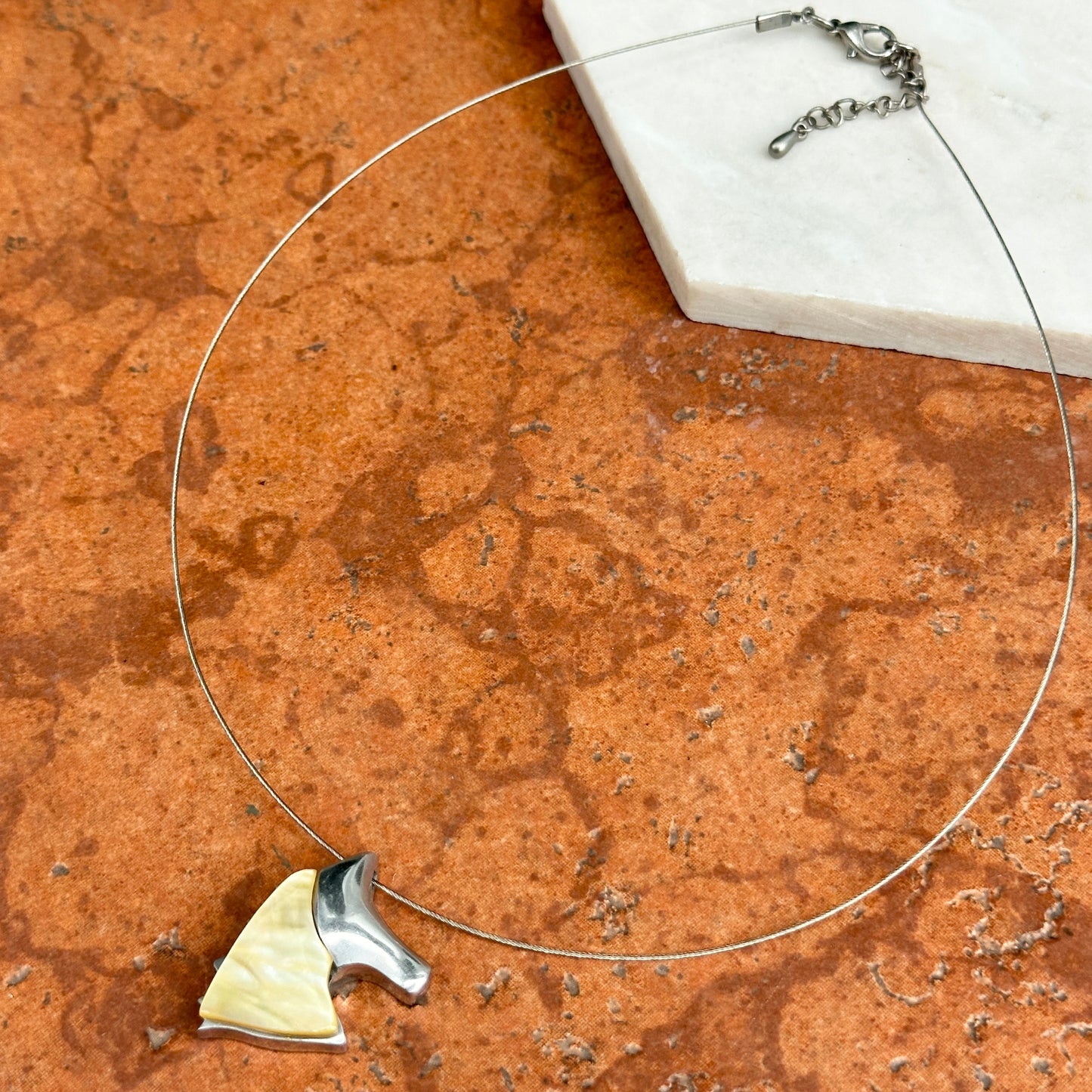Estate Silver-Tone Abalone Horse Head Pendant Collar Necklace