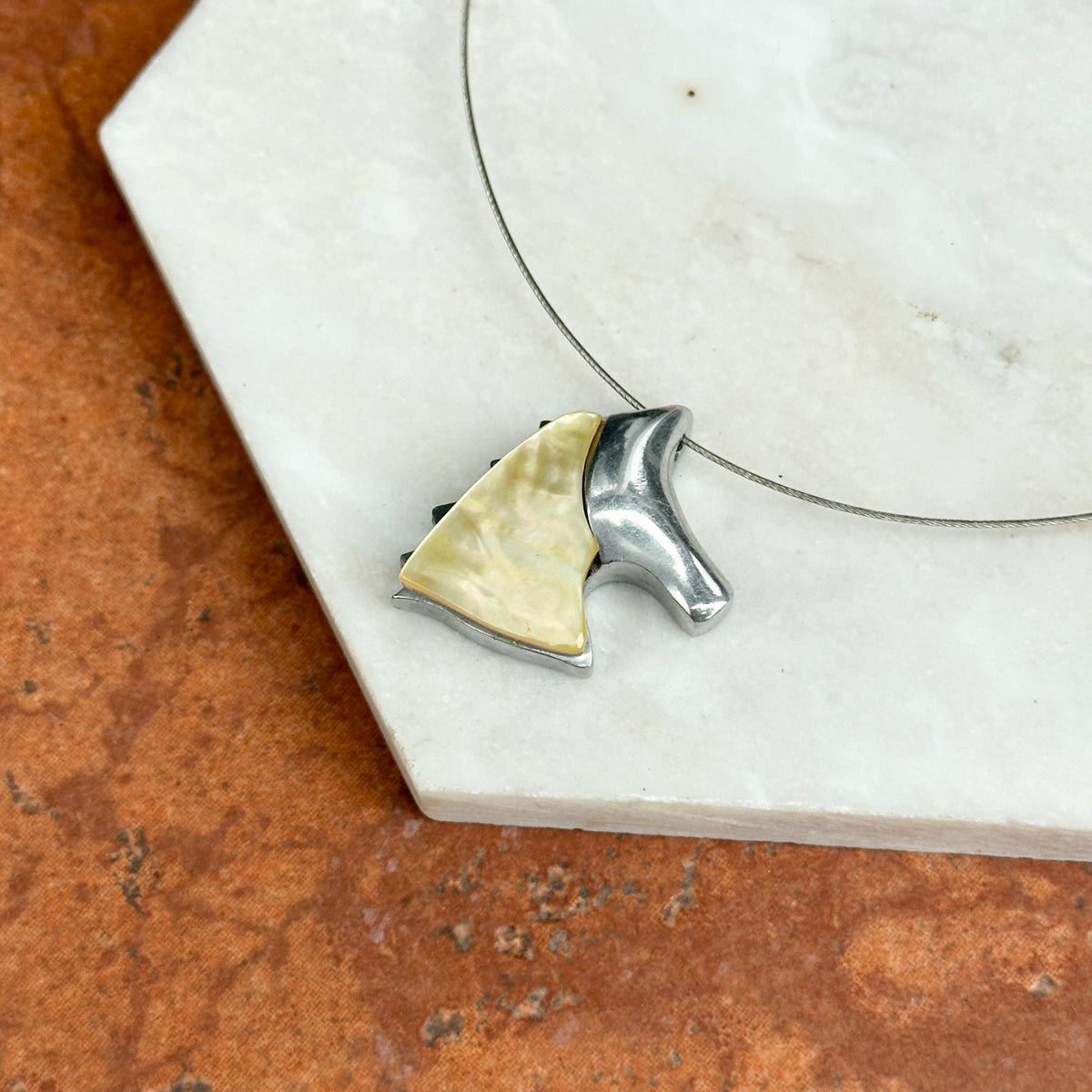 Estate Silver-Tone Abalone Horse Head Pendant Collar Necklace