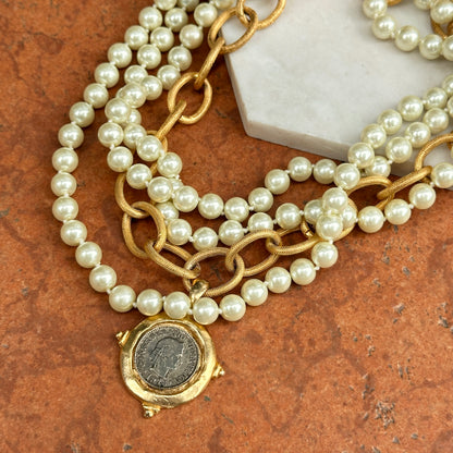 Estate Gold-Tone Faux Pearl + Coin 4-Strand Necklace