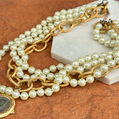Estate Gold-Tone Faux Pearl + Coin 4-Strand Necklace