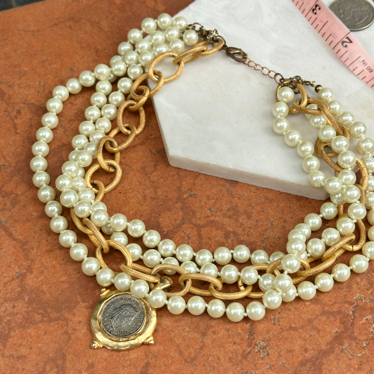 Estate Gold-Tone Faux Pearl + Coin 4-Strand Necklace