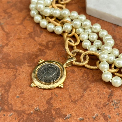 Estate Gold-Tone Faux Pearl + Coin 4-Strand Necklace