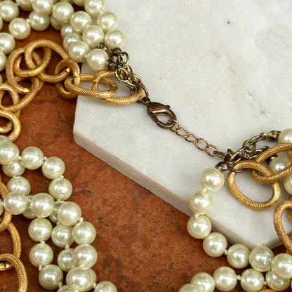 Estate Gold-Tone Faux Pearl + Coin 4-Strand Necklace