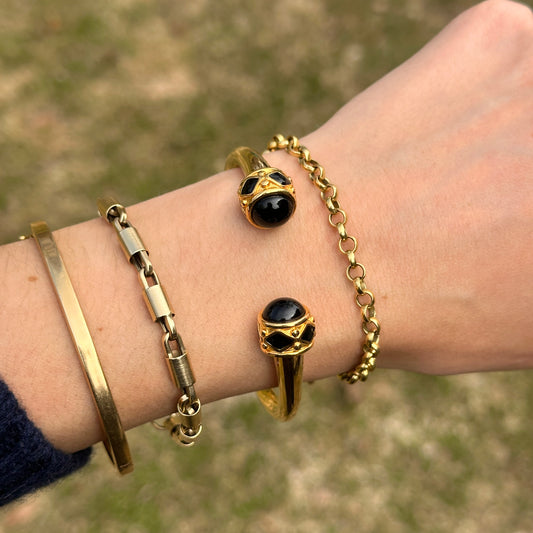Estate Kenneth Lane Etruscan Yellow Gold Tone Black Stone Cabochon Springed Cuff Bracelet