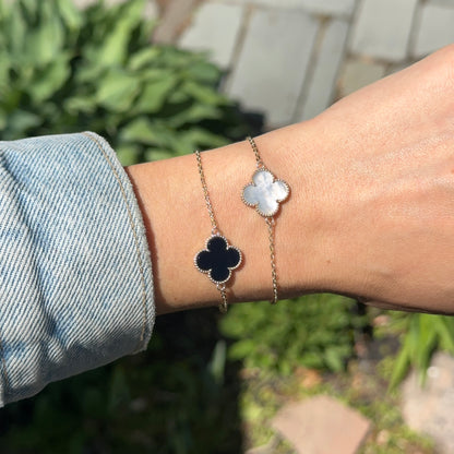 14KT Yellow Gold Beaded Black Onyx Clover Chain Bracelet