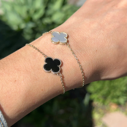 14KT Yellow Gold Beaded Black Onyx Clover Chain Bracelet