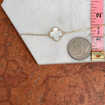 14KT Yellow Gold Beaded Mother of Pearl Clover Chain Bracelet
