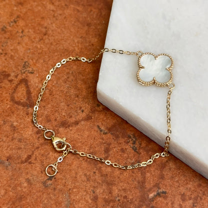 14KT Yellow Gold Beaded Mother of Pearl Clover Chain Bracelet