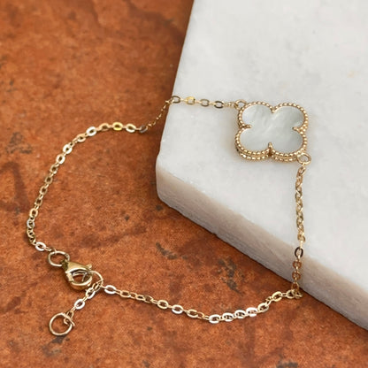 14KT Yellow Gold Beaded Mother of Pearl Clover Chain Bracelet