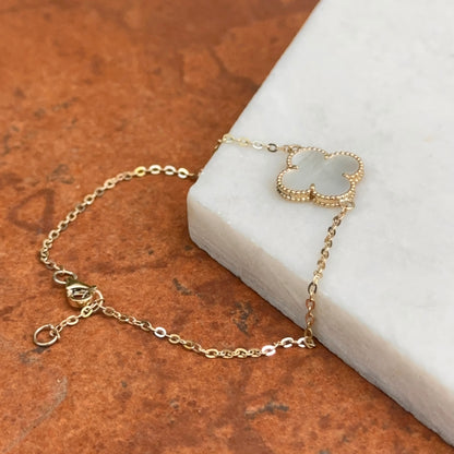 14KT Yellow Gold Beaded Mother of Pearl Clover Chain Bracelet