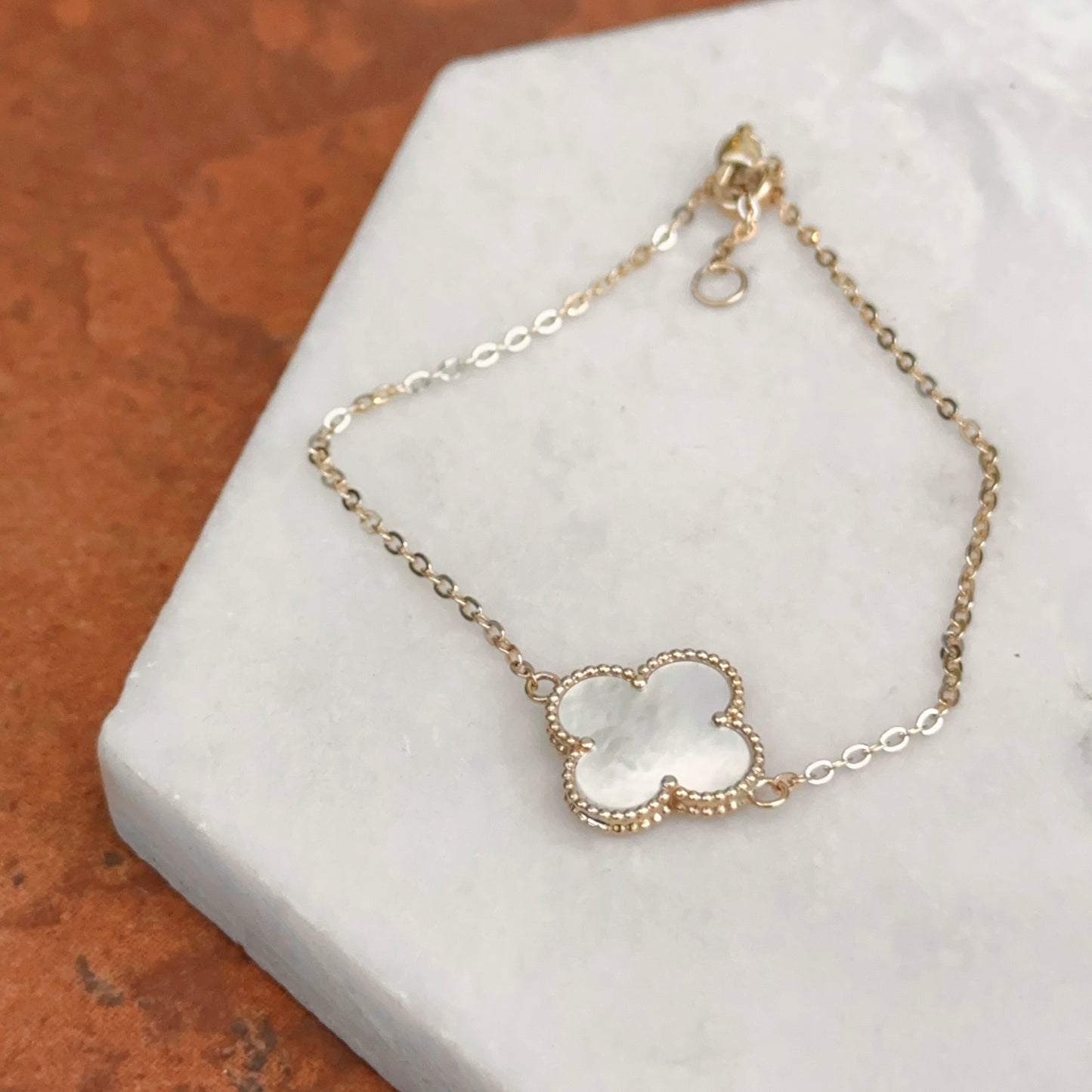 14KT Yellow Gold Beaded Mother of Pearl Clover Chain Bracelet