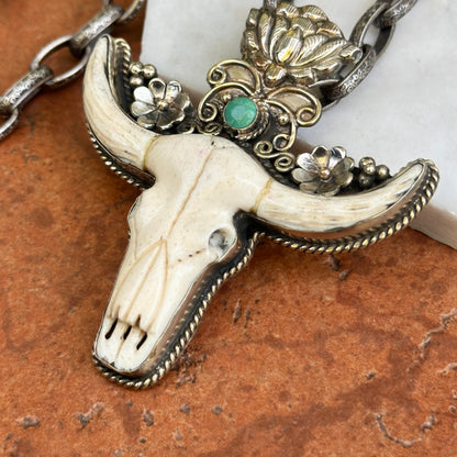 Silver Bone Longhorn Head Oval Floral Decorative Round Turquoise Necklace