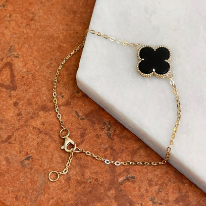 14KT Yellow Gold Beaded Black Onyx Clover Chain Bracelet