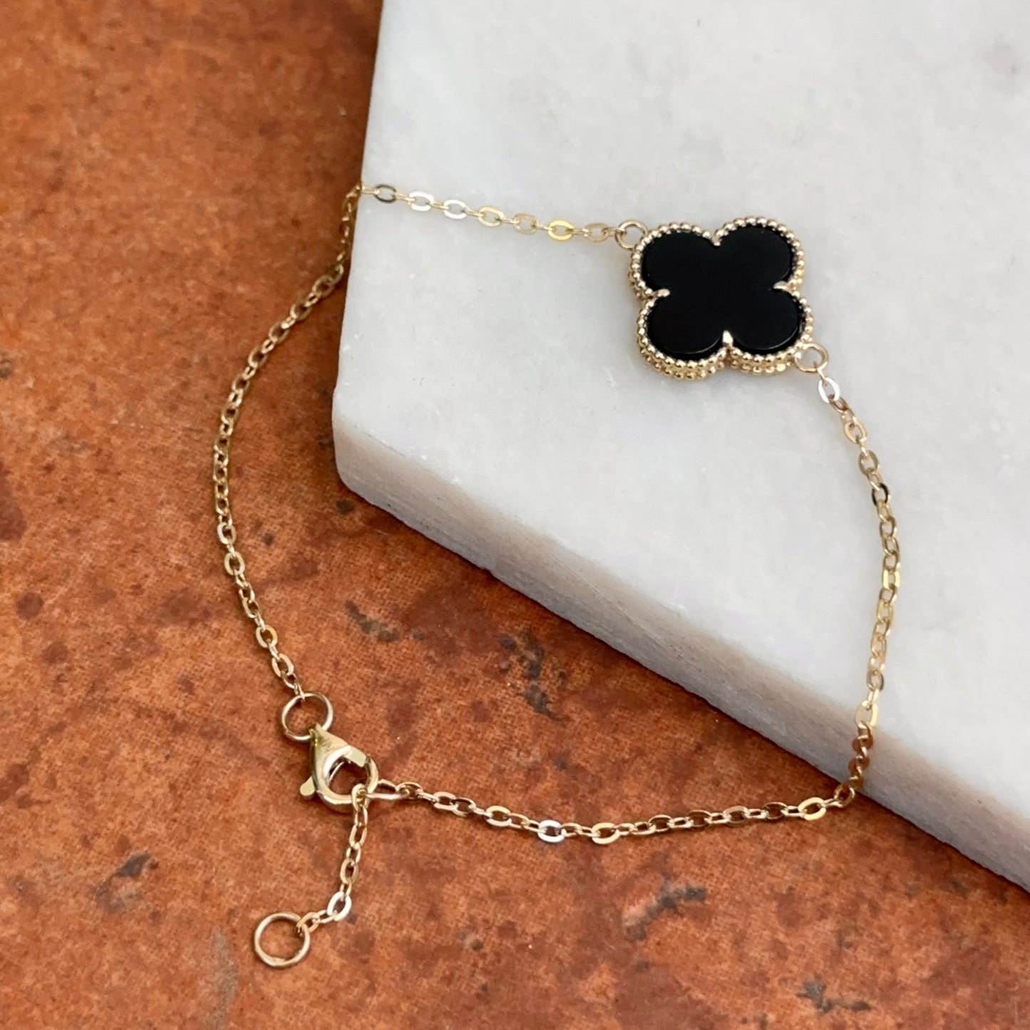 14KT Yellow Gold Beaded Black Onyx Clover Chain Bracelet