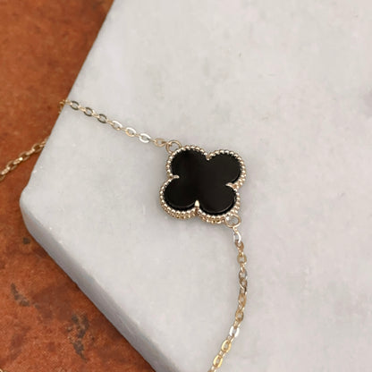 14KT Yellow Gold Beaded Black Onyx Clover Chain Bracelet