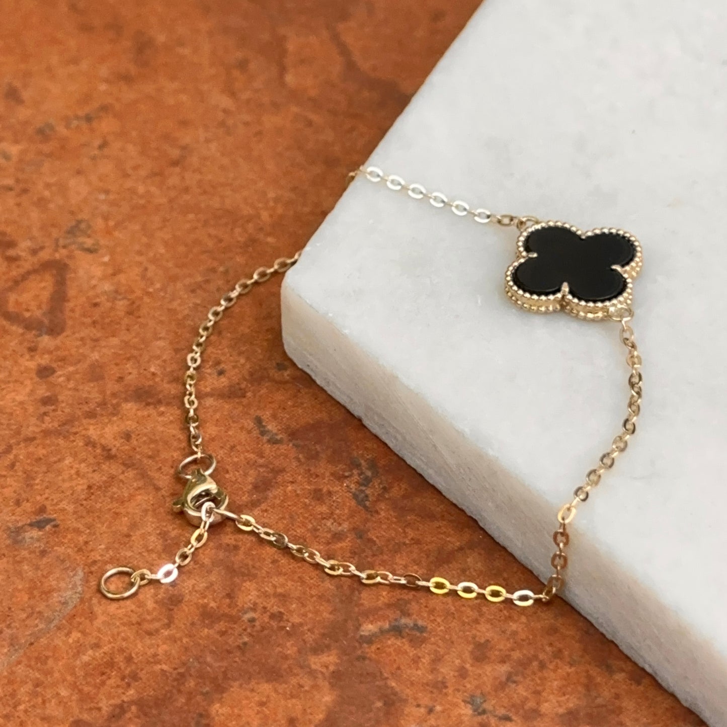 14KT Yellow Gold Beaded Black Onyx Clover Chain Bracelet