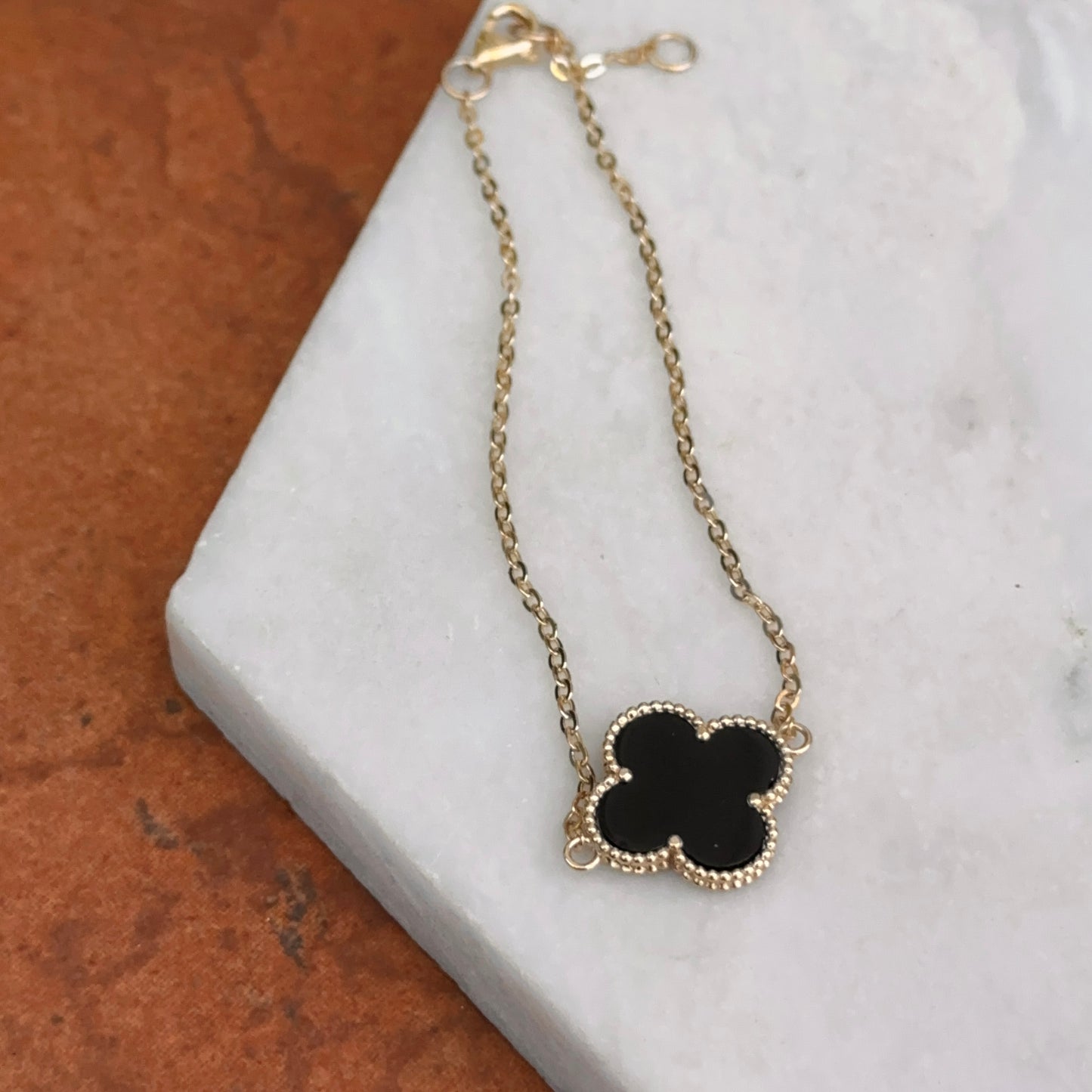 14KT Yellow Gold Beaded Black Onyx Clover Chain Bracelet