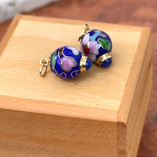 Estate 14KT Yellow Gold Blue Cloisonne Onyx Ball Earring Charms