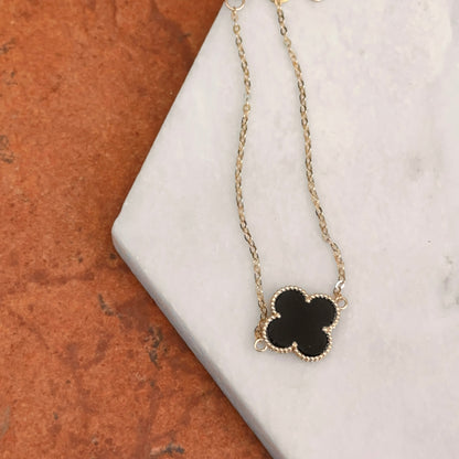 14KT Yellow Gold Beaded Black Onyx Clover Chain Bracelet