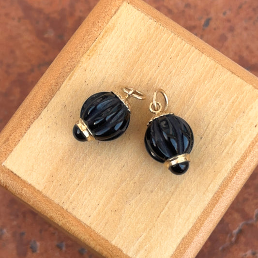 Estate 14KT Yellow Gold Fluted Black Onyx Ball Earring Charms