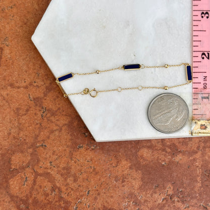 14KT Yellow Gold Blue Lapis Rectangle + Bead Station Chain Bracelet