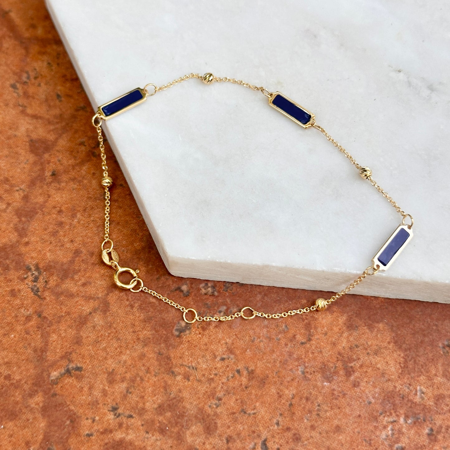 14KT Yellow Gold Blue Lapis Rectangle + Bead Station Chain Bracelet