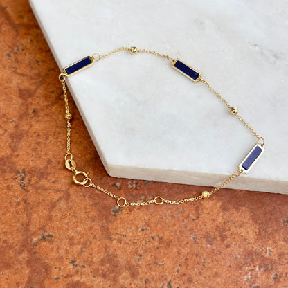 14KT Yellow Gold Blue Lapis Rectangle + Bead Station Chain Bracelet