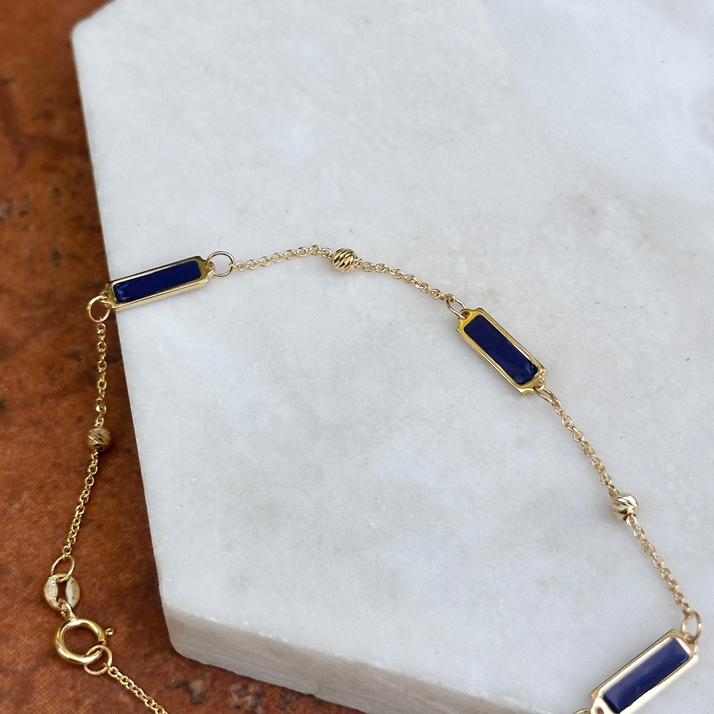 14KT Yellow Gold Blue Lapis Rectangle + Bead Station Chain Bracelet