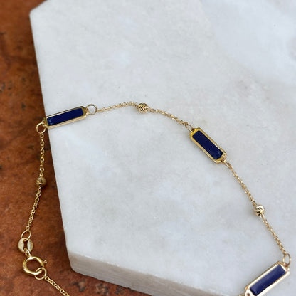 14KT Yellow Gold Blue Lapis Rectangle + Bead Station Chain Bracelet