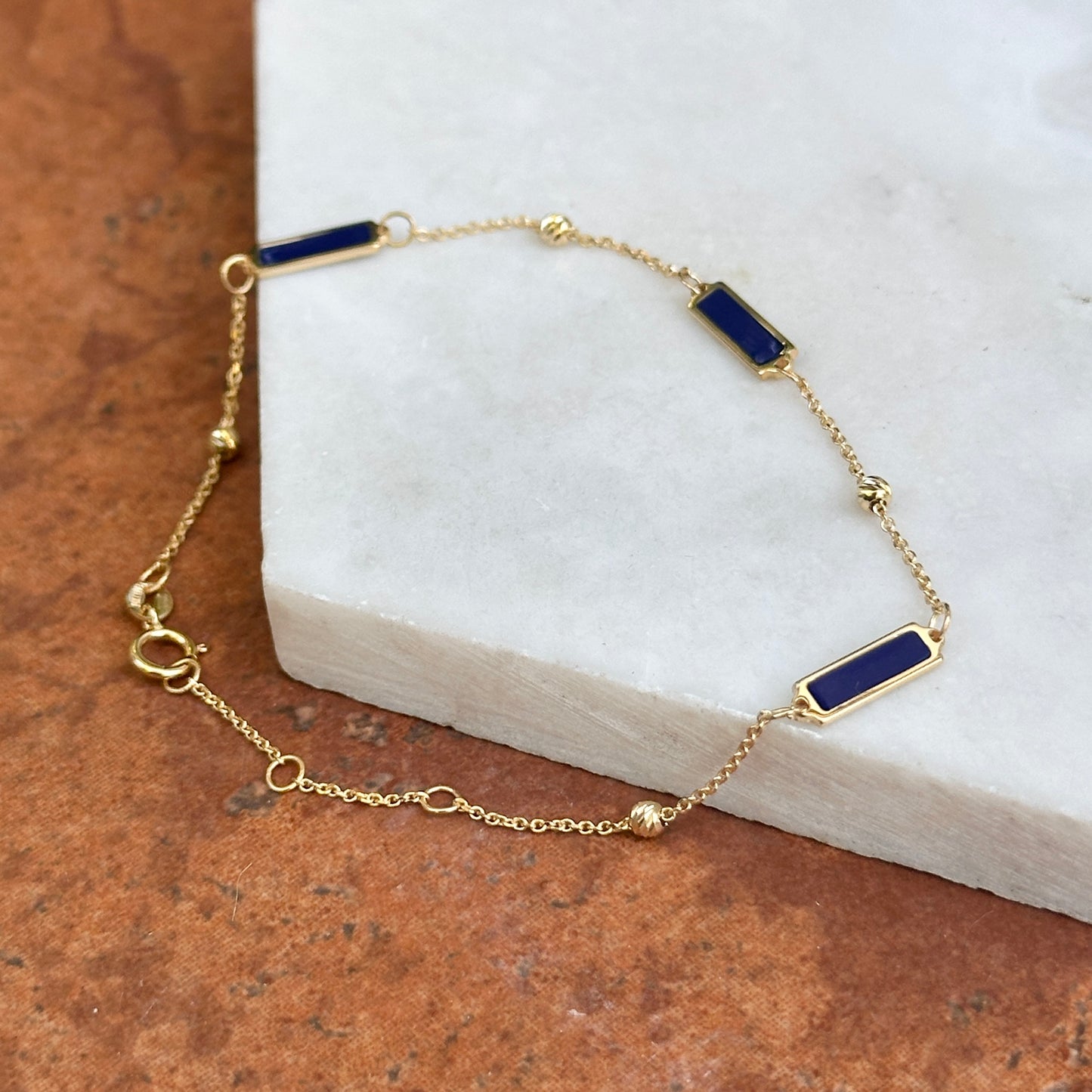 14KT Yellow Gold Blue Lapis Rectangle + Bead Station Chain Bracelet