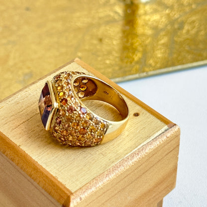 Estate 18KT Yellow Gold Emerald-Cut Tourmaline + Pave Gemstone Ring