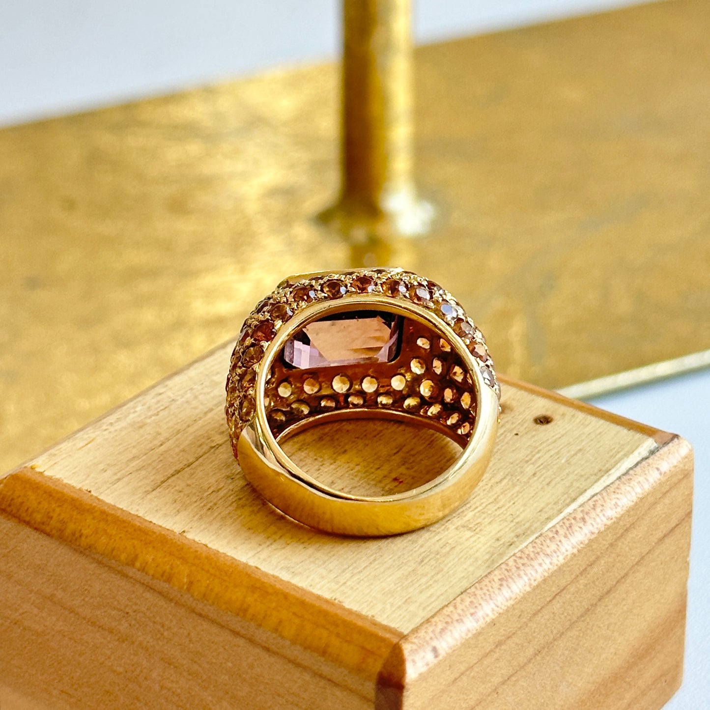 Estate 18KT Yellow Gold Emerald-Cut Tourmaline + Pave Gemstone Ring