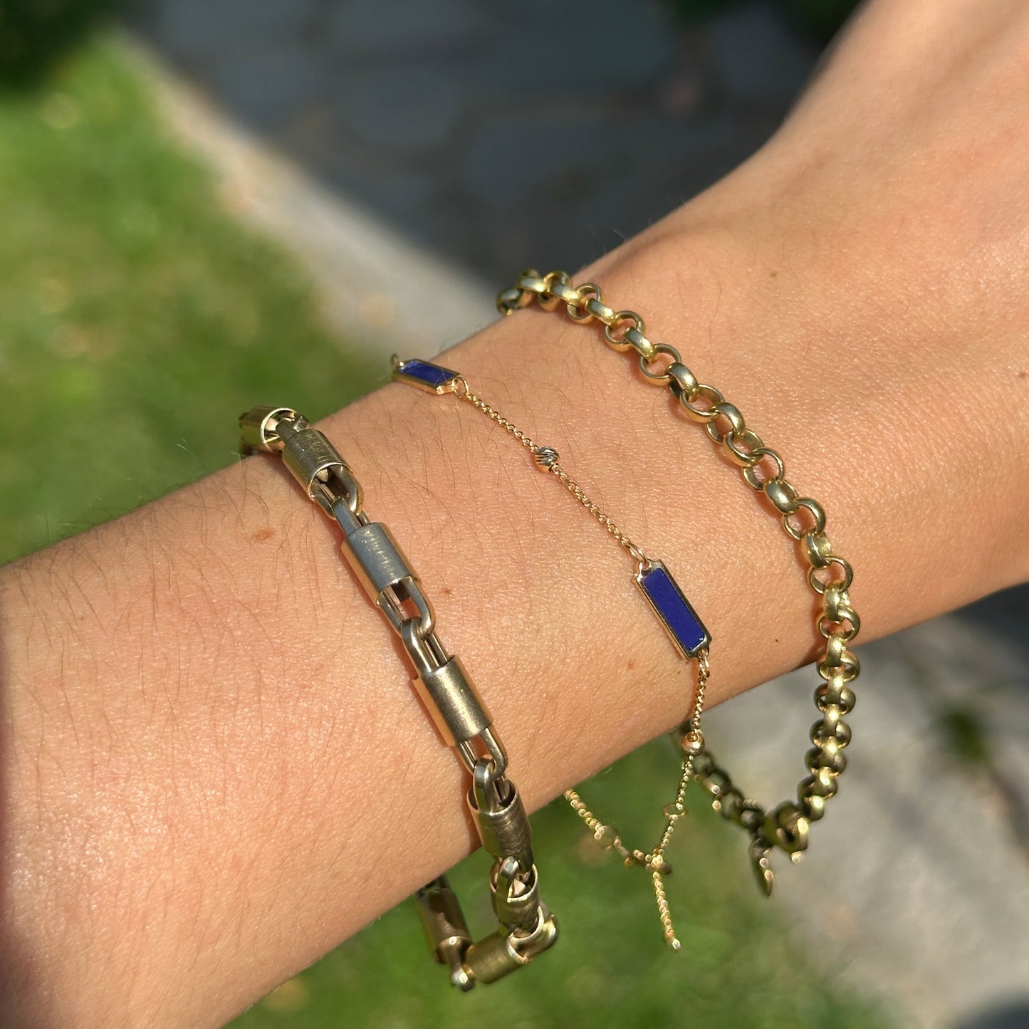 14KT Yellow Gold Blue Lapis Rectangle + Bead Station Chain Bracelet