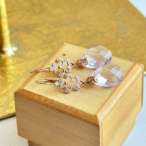 Estate 14KT Rose Gold Briolette Amethyst + Diamond Lever Back Earrings
