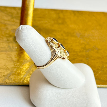 Estate 14KT Yellow Gold Blue Sapphire + Diamond Art Deco Ring