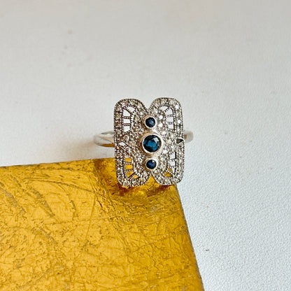 Estate 14KT White Gold Blue Sapphire + Diamond Filigree Ring
