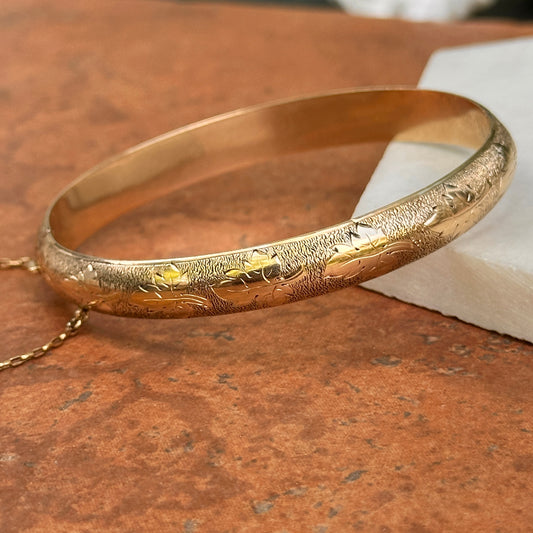 Estate 14KT Yellow Gold Etched Leaf Bangle Bracelet