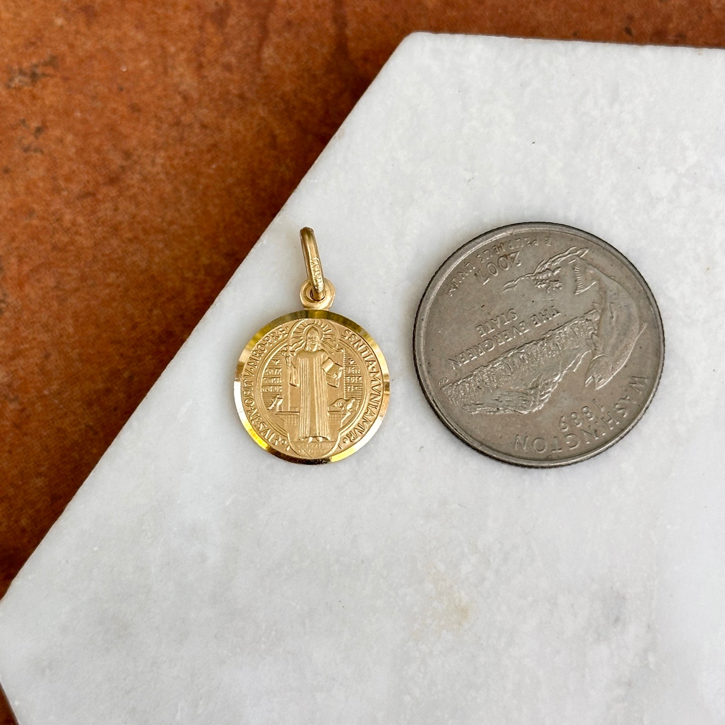 14KT Yellow Gold St Benedict Patron Saint Round Medal Pendant Charm 15mm