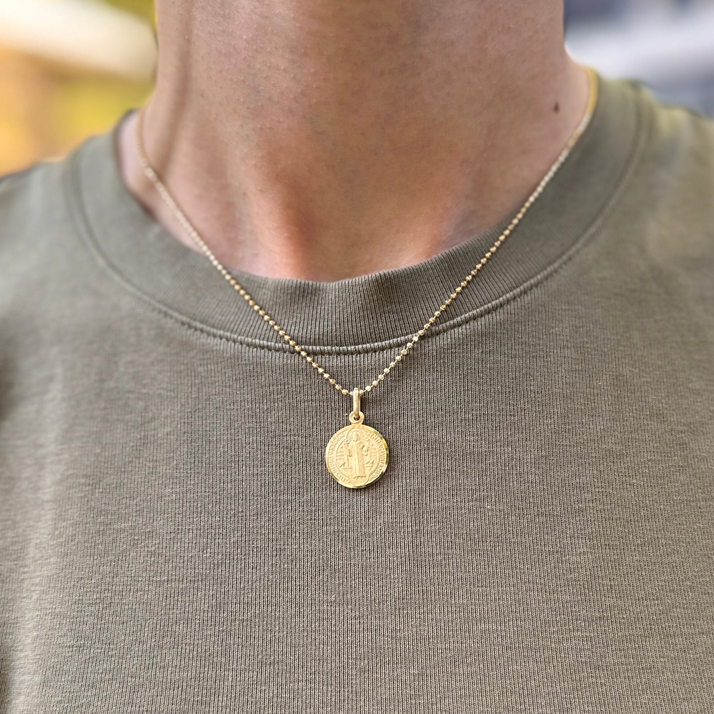 14KT Yellow Gold St Benedict Patron Saint Round Medal Pendant Charm 15mm