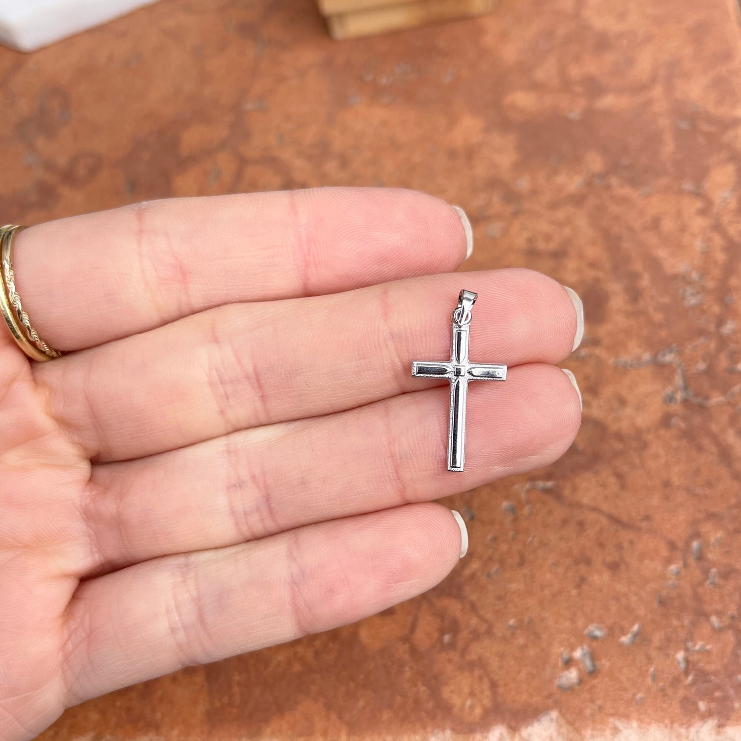 14KT White Gold Detailed Flat Cross Pendant Charm