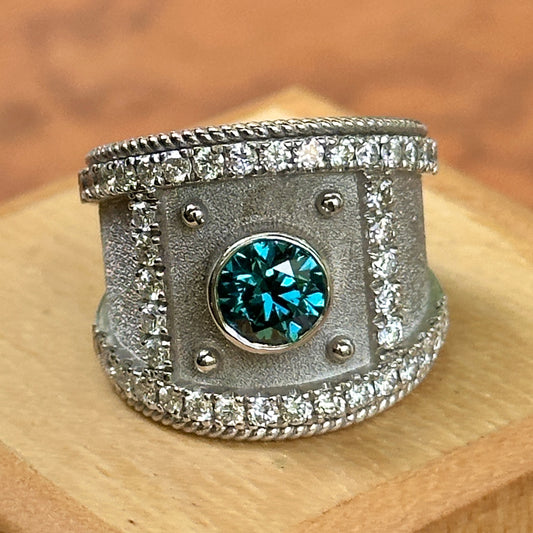 Estate 18KT White Gold Byzantine Blue Diamond Matte Ring