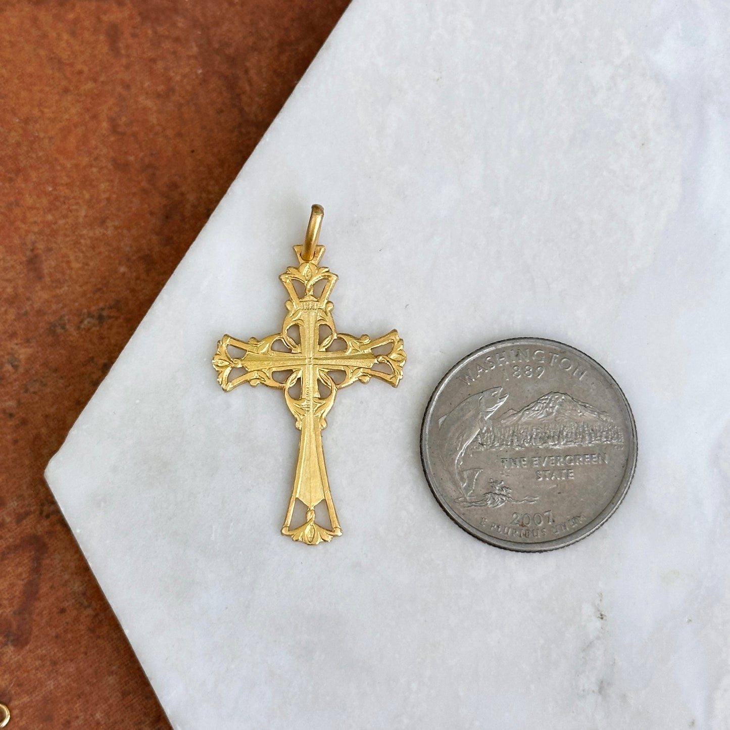 14KT Yellow Gold Matte Filigree INRI Solid Cross Pendant 34mm