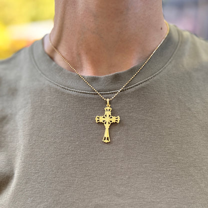 14KT Yellow Gold Matte Filigree INRI Solid Cross Pendant 34mm